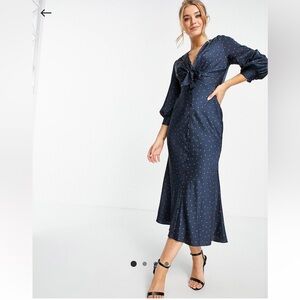 ASOS DESIGN satin tie front midi dress with button detail in spot Size US 12